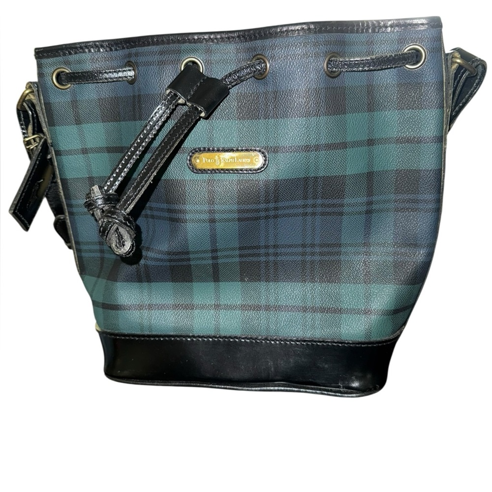 Polo by Ralph Lauren Green and Black Plaid Drawstring Bucket Bag